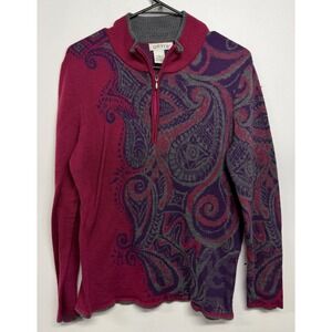 Orvis Passport Womens Merino‎ Wool Paisley Quarter Zip Sweater Fuchsia Purple L
